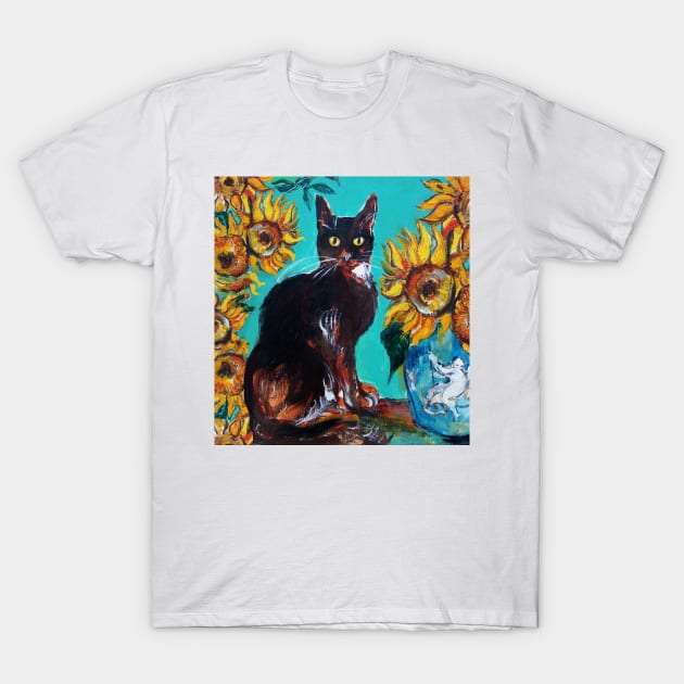 SUNFLOWERS WITH BLACK CAT IN BLUE TURQUOISE YELLOW COLORS T-Shirt by BulganLumini